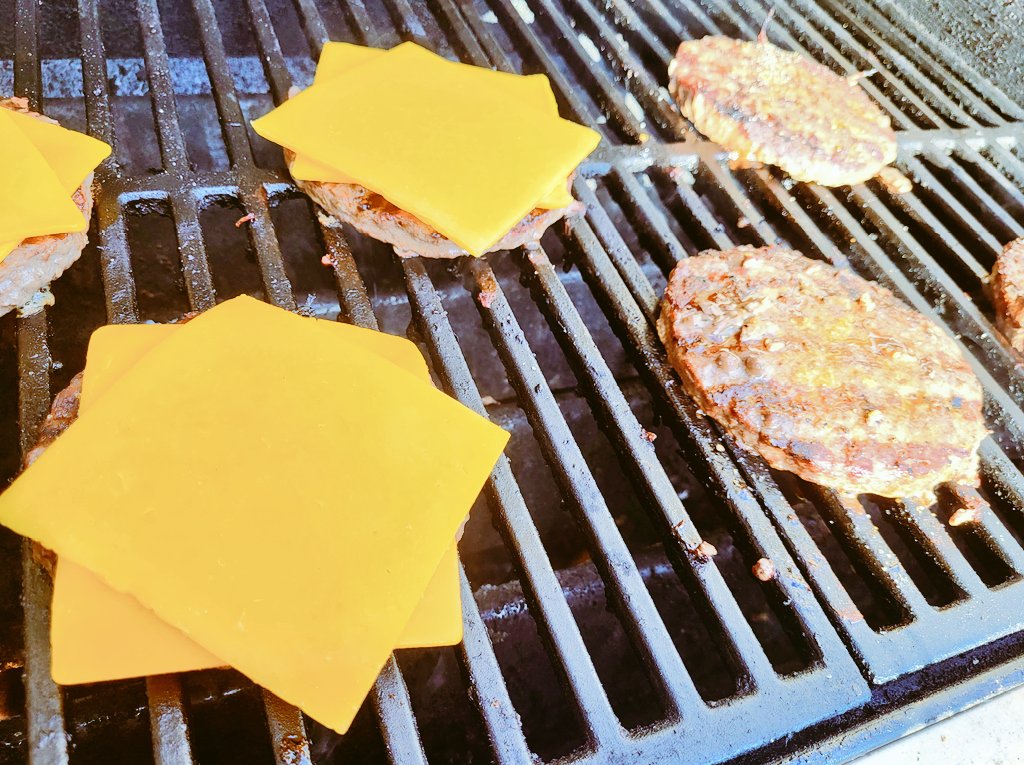 Need help deciding what cheese to put on other two burgers. ???  
I'm thinking pepper jack.  #cheeseburger #backyardgrilling #burger #weekdaydinner #cheese