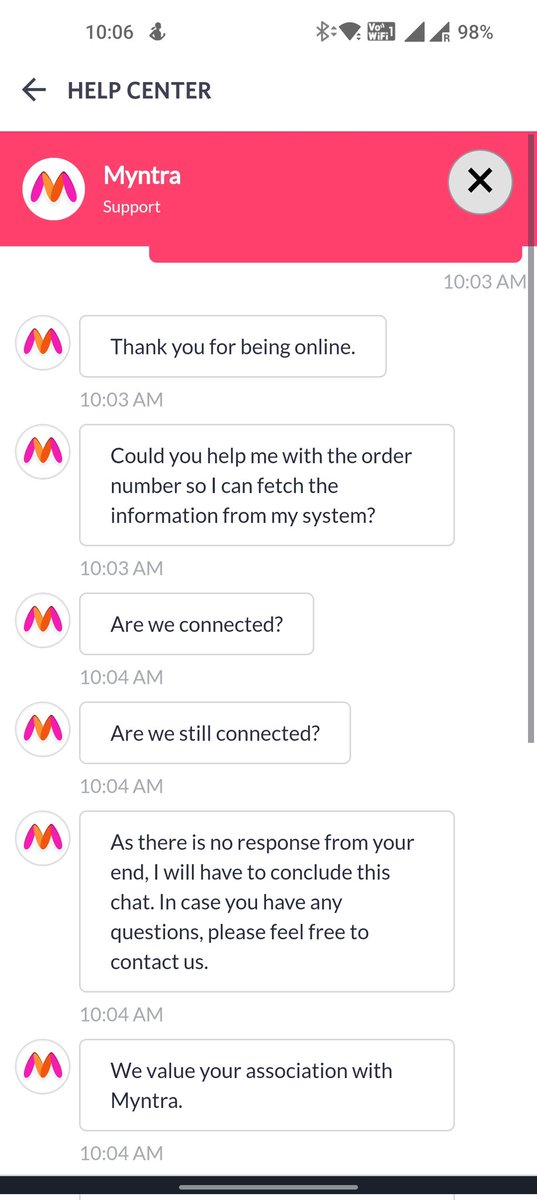 AnandMSinha's tweet photo. @myntra What is the SLA wait time for a customer response after which an executive can close the Chat Support. Mine was supposedly less than a minute. 😂
You can verify in the incident number IN22102010041490095005 https://t.co/l9zRLdLNVx
