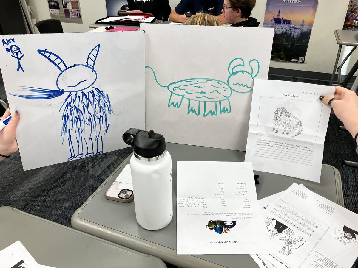 Frau_kimmie's tweet photo. It was a Monster Mash earlier this week in German 2. Students had to describe their monsters to their partners while the partners sketch what they hear. Gut gemacht, Klasse! @OlatheWl @IntlClub_ONW https://t.co/FnaVo1NQDI