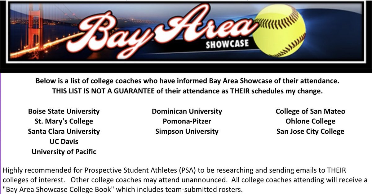 BA_Showcase_'s tweet photo. @GaelsSoftball  @SagehenSoftball @ucdavissoftball @UOP_Softball @sjcc_softball @ohlone_softball @SimpsonSoftball @SCUSoftball @BroncoSportsSB @dominican_sb @SoftballCsm https://t.co/FAAoffIfN6