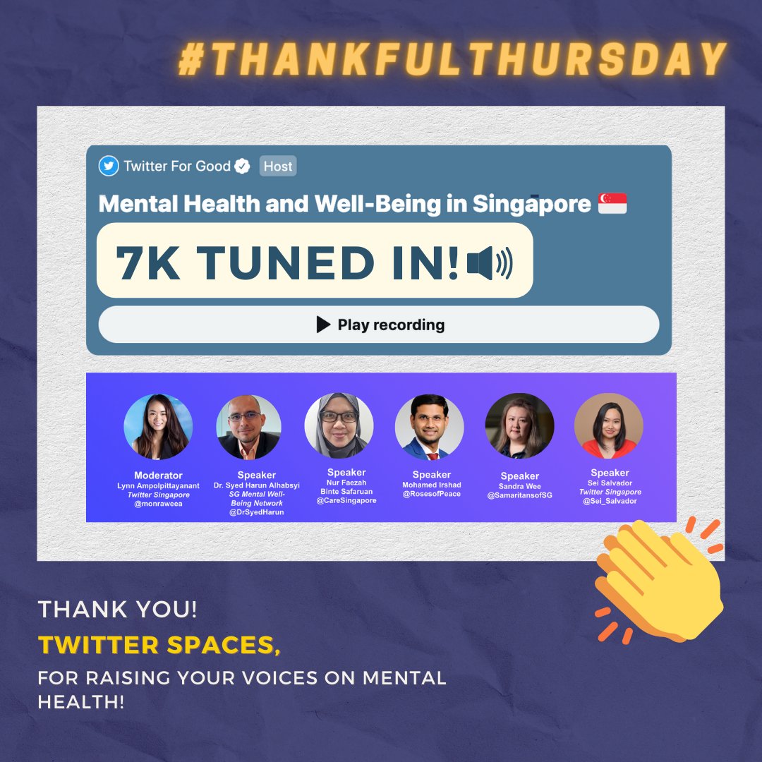 To @TwitterForGood: THANK YOU for the platform that connects all of us to bring change. And to our fellow NPOs (@rosesofpeace @samaritansofsg @DrSyedHarun ): THANK YOU for doing the important work! ❤️ #worldmentalhealthday2022
