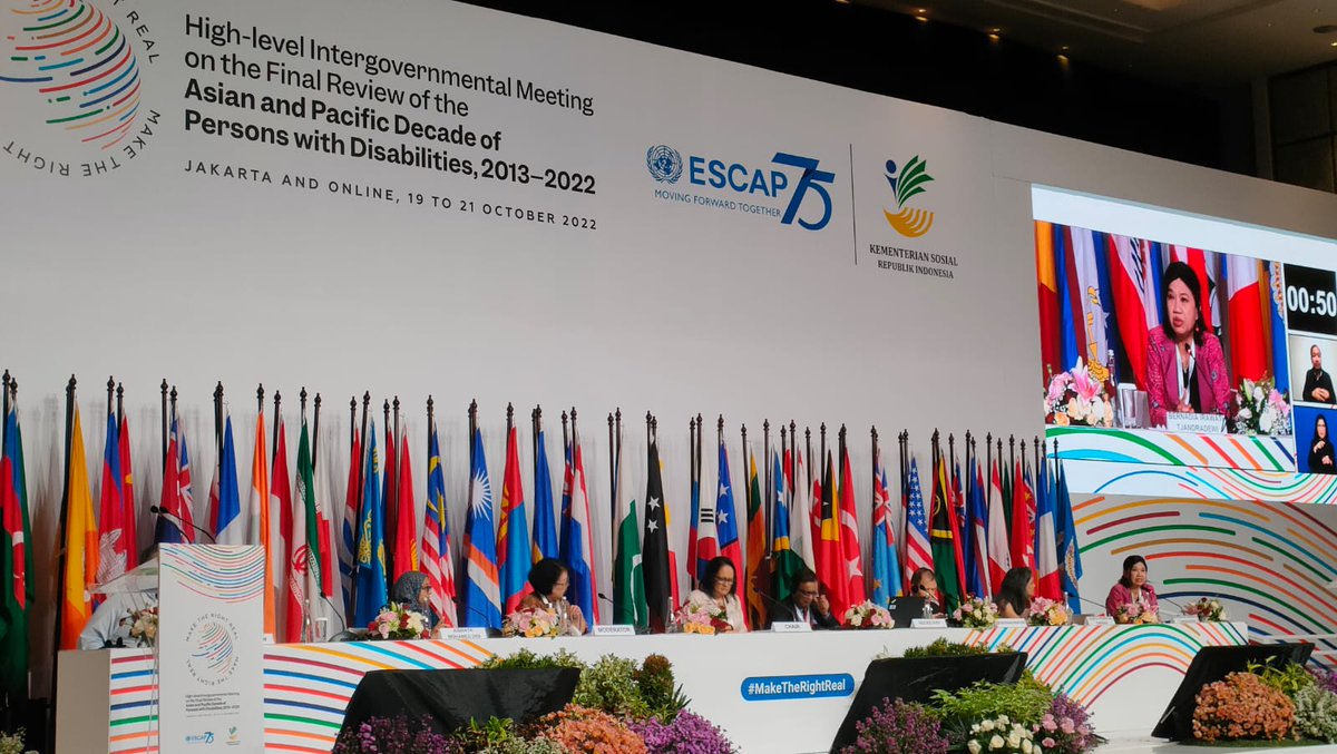 #HappeningNow at the High-level Intergovernmental Meeting on the Final Review of the ASPAC Decade of Persons with Disabilities, 2013-2022, @BernadiaIrawati 'We need to unlock the opportunities of the #peoplewithdisabilities in all aspects to #MakingTheRightReal