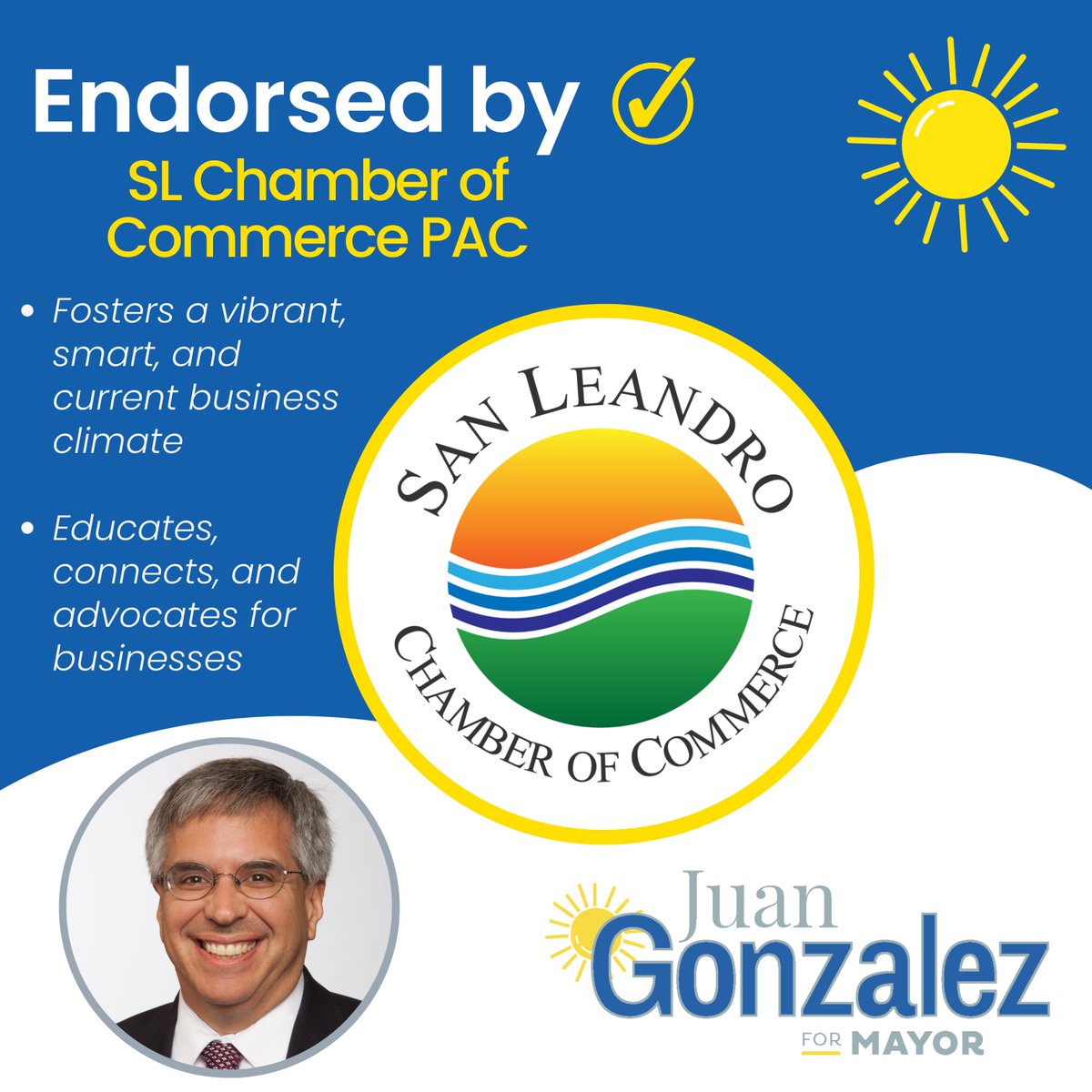 JuanGonzalezSL's tweet photo. I am proud to have the endorsement of the San Leandro Chamber of Commerce PAC, which seeks to foster a vibrant, smart, and current business climate in San Leandro. Check out the other endorsements here: https://t.co/5kUYYgaPAc
#BrighterFuture4SL #BF4SL #SanLeandro https://t.co/kqgLB2E7gc