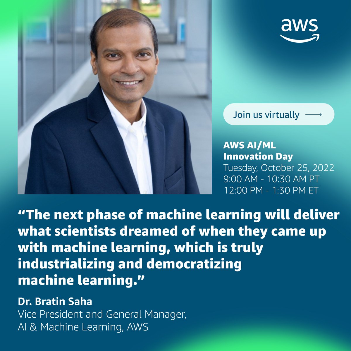 Join us for this year’s AWS AI/ML Innovation Day, where you’ll hear from Bratin Saha and other leaders in the field about the great strides AI/ML has made in the past and the promises awaiting us in the future. 🤖⚙️ go.aws/3DaWD32 #machinelearning #AI #AWSInnovate