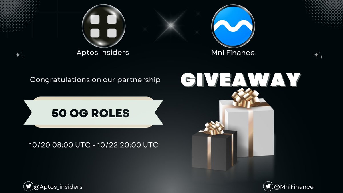 Congratulation on our partnership <a href="/MniFinance/">Mni Finance 🌊</a>

🎁 Giveaway 50 OG Role

👉Enter
1️⃣ Follow <a href="/MniFinance/">Mni Finance 🌊</a> &amp; @Aptos_insiders
2️⃣ Like, Retweet &amp; Tag 3 friends
3️⃣ Join discord.gg/AyHf9Cu3 &amp; discord.gg/vjwuckFzqc comment proof in #✍️│proof-comment channel

⏰48 hours

#Airdrop