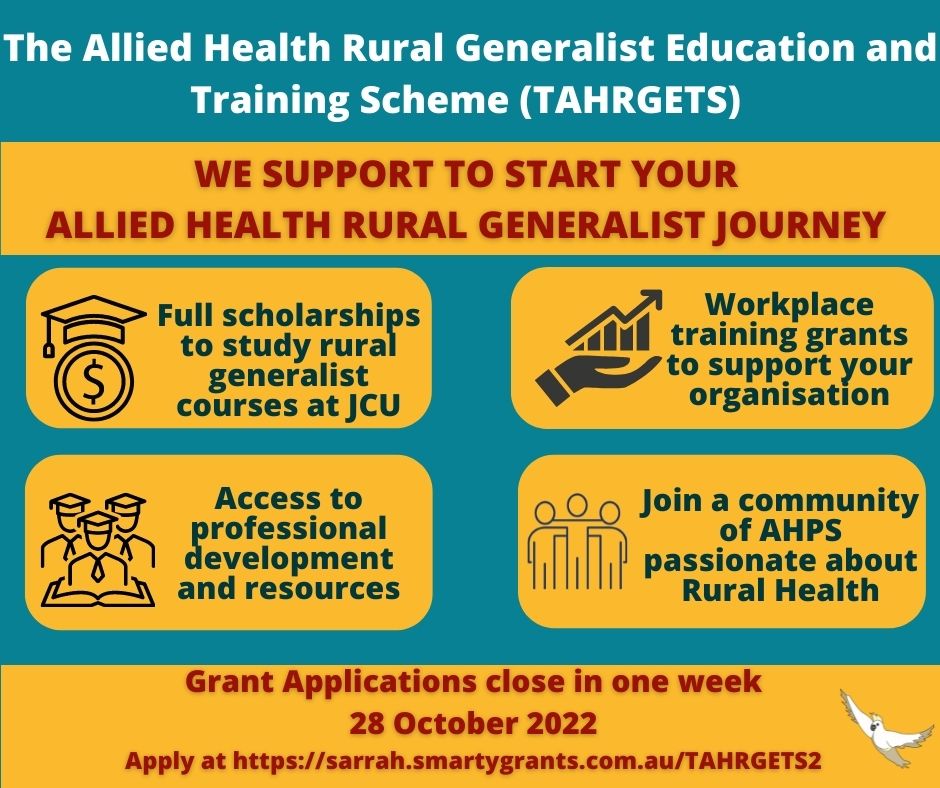 SARRAHealth's tweet photo. Apply now! Applications close in one week – 28 October 2022.
Visit https://t.co/DzlWQjE5ol for more information and to apply. Share the program poster with your colleagues and networks available on the website.
#alliedhealth #ahrg #tahrgets #jcu #ruralhealth #learningforpurpose https://t.co/33uvorW1aQ