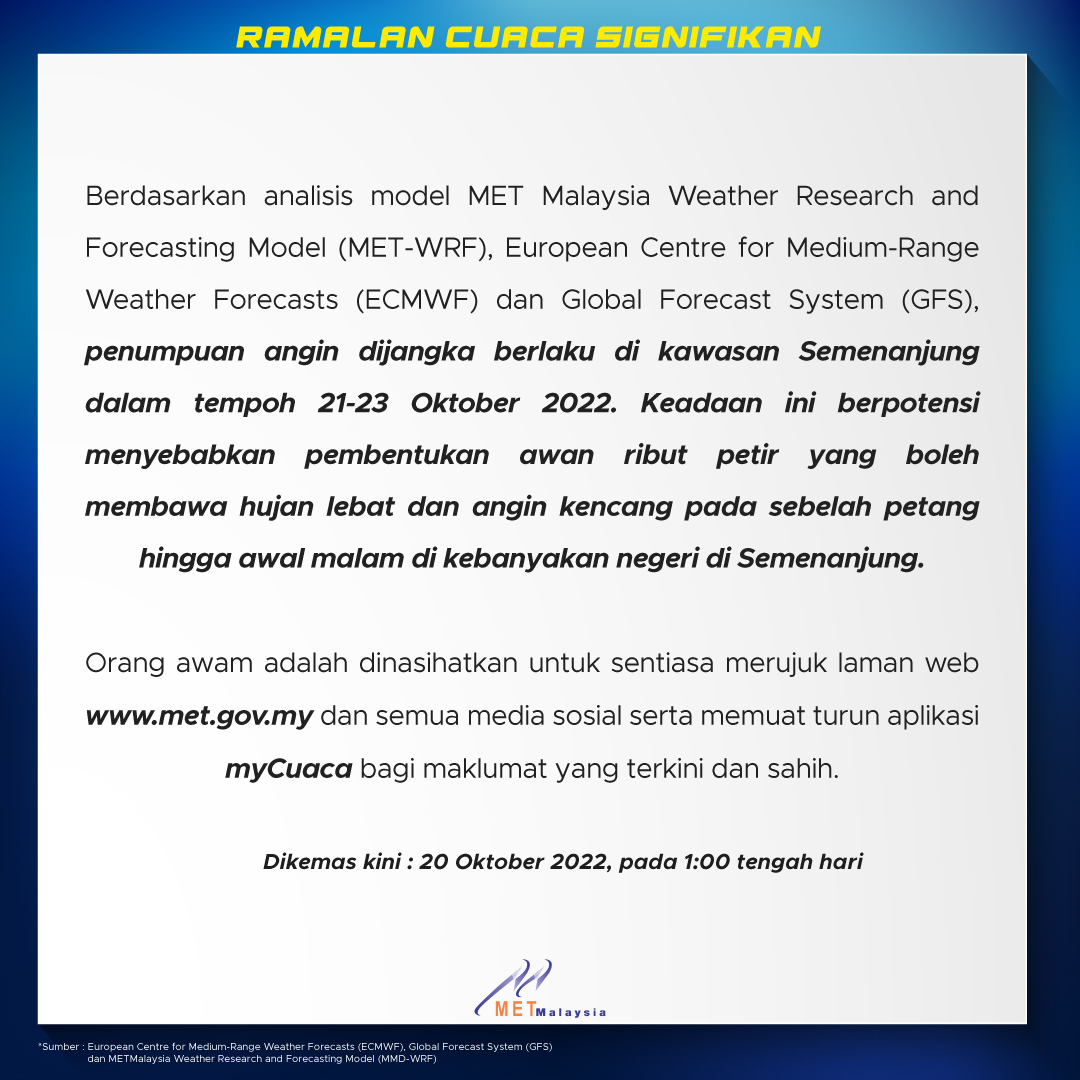 metmalaysia's tweet photo. RAMALAN CUACA SIGNIFIKAN
Masa dikeluarkan : 1:00 tengah hari
Tarikh: 20 Oktober 2022

#metmalaysia
#RamalanCuacaSignifikan https://t.co/EEPvbZ7IIL