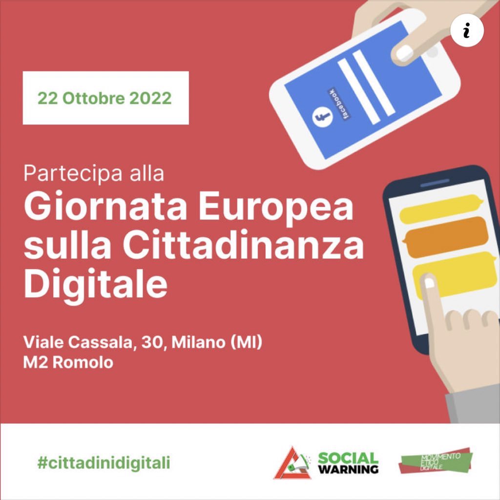 lucarallo's tweet photo. 𝙀𝙪𝙧𝙤𝙥𝙚𝙖𝙣 𝘿𝙞𝙜𝙞𝙩𝙖𝙡 𝘾𝙞𝙩𝙞𝙯𝙚𝙣𝙨𝙝𝙞𝙥 𝘿𝙖𝙮 | #𝟐𝟐𝙊𝙩𝙩𝙤𝙗𝙧𝙚 𝟐𝟎𝟐𝟐 - Milano 

Per promuovere l’educazione alla cittadinanza digitale 

Info https://t.co/v4IA70XcOO

#SocialWarning #MovimentoEticoDigitale #CittadiniDigitali #EuropeanDigitalCitizenshipDay https://t.co/oE7ykUrCun
