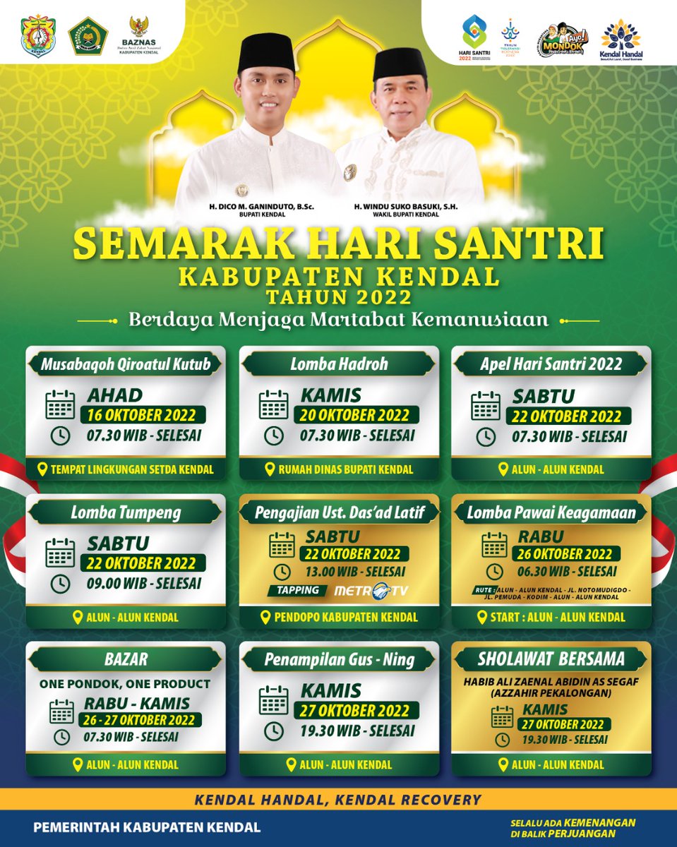 capilkendal's tweet photo. Halo warga Kendal. Jangan lewatkan rangkaian kegiatan Semarak Hari Santri Kabupaten Kendal Tahun 2022. 
.
.
.
#Kendalhandal https://t.co/AhCI1gNn2t