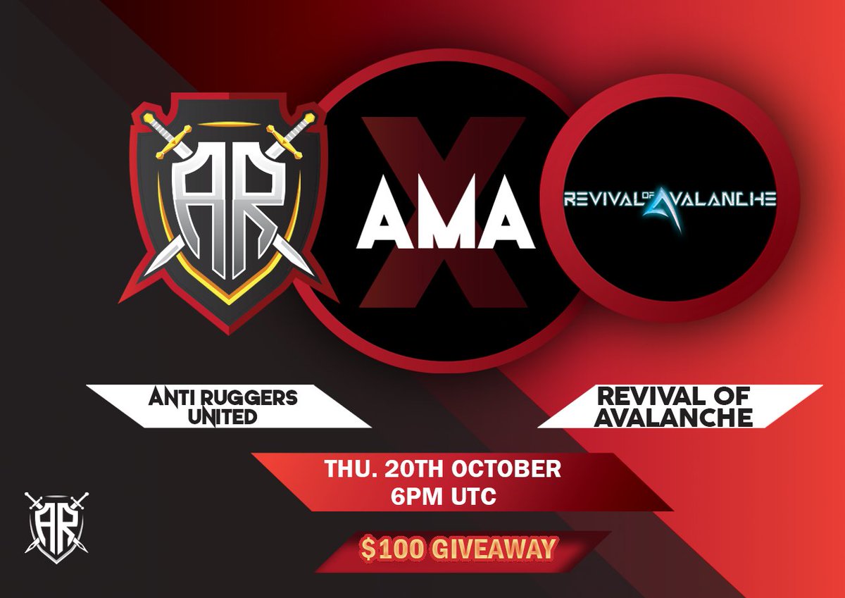 AntiRuggers's tweet photo. Anti Ruggers United is pleased to bring you another AMA!
Where: https://t.co/KcOqBBmGMM
Project: Revival of Avalanche
TG: https://t.co/bGDl6ykLSd
Website: https://t.co/j5JQg3hVFS
Time: Thursday, 10/20/2022 at 6:00PM UTC
Join the AMA for a chance to win $100 BUSD!
#UnbottedAMA https://t.co/Tt93covQQb