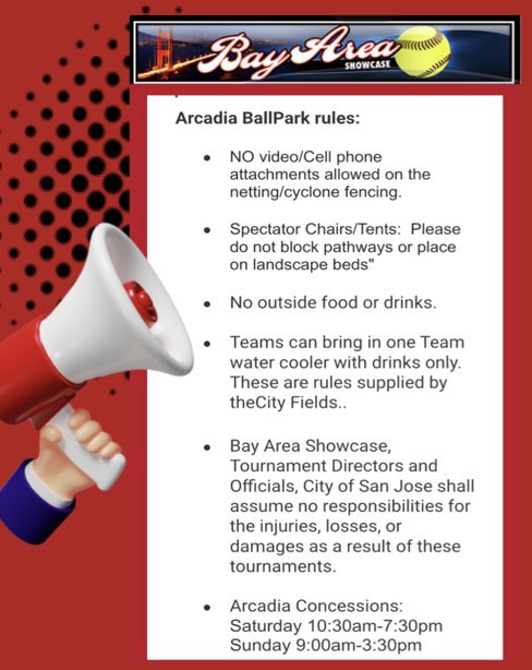 We are looking forward to this Weekend! Arcadia Ballpark is a beautiful and fairly new facility. Please note that hanging any items on the netting is PROHIBITED! Please bring self-supporting gear (ie. Tripod) to video/stream your team.