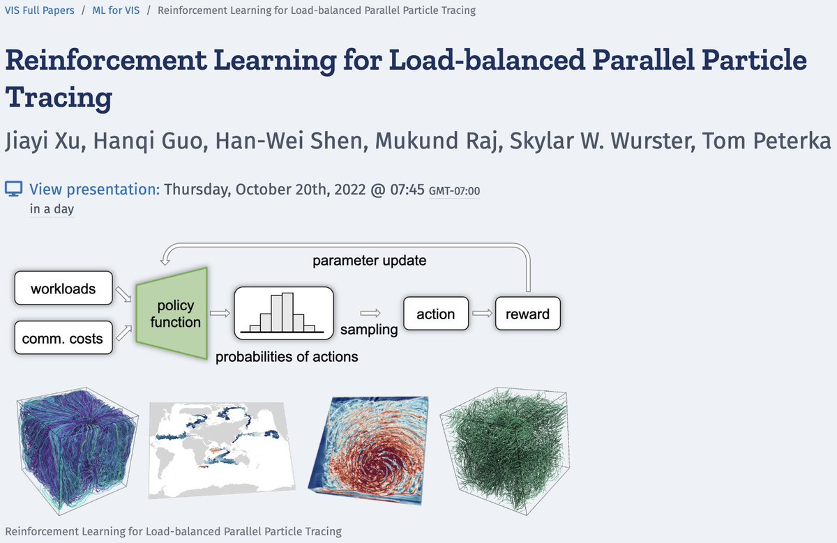 Our <a href="/ieee_tvcg/">IEEE TVCG</a> paper "Reinforcement Learning for Load-balanced Parallel Particle Tracing" will be presented in <a href="/ieeevis/">IEEE VIS</a> 2022. Welcome to our presentation! Preprint: arxiv.org/abs/2109.05679 #vis2022 #ieeevis #ieee_tvcg