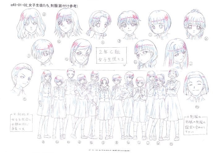 Character designs of Shirou's classmates of Class 2-C used for the 2006 anime adaptation of Fate/Stay Night. 