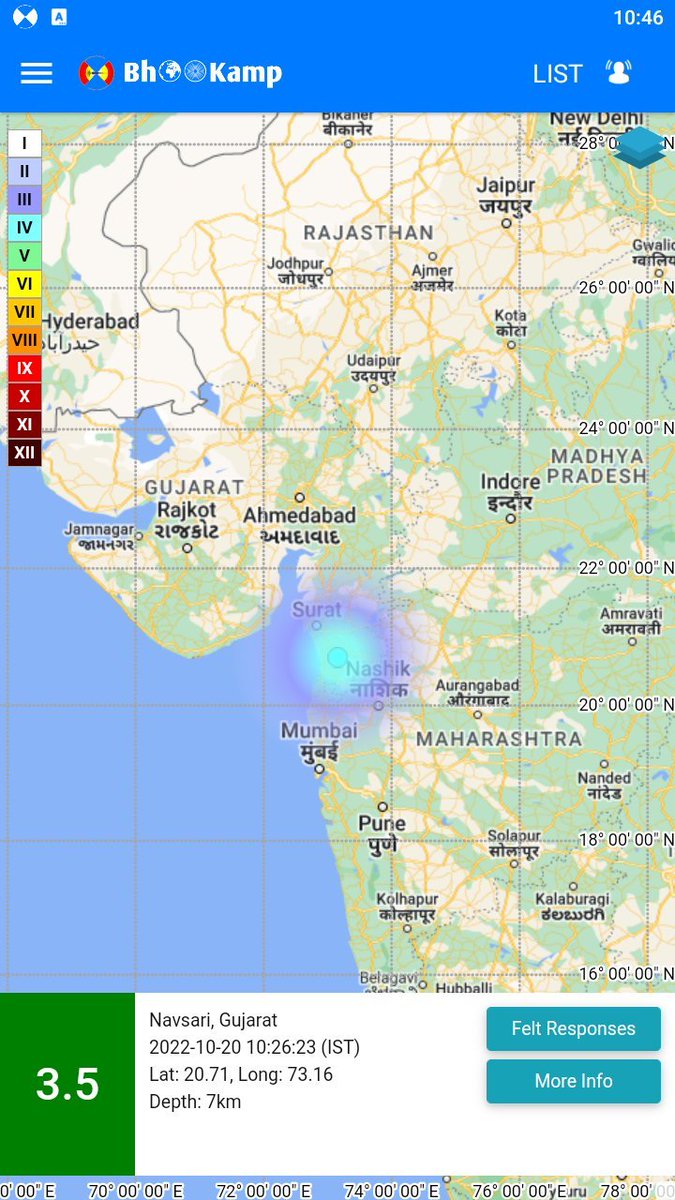 ANI's tweet photo. An earthquake of magnitude 3.5 occurred 61km SE of Surat, Gujarat, India today at around 10.26 am. The depth of the earthquake was 7 km below the ground: National Center for Seismology https://t.co/EM6ExlSadJ