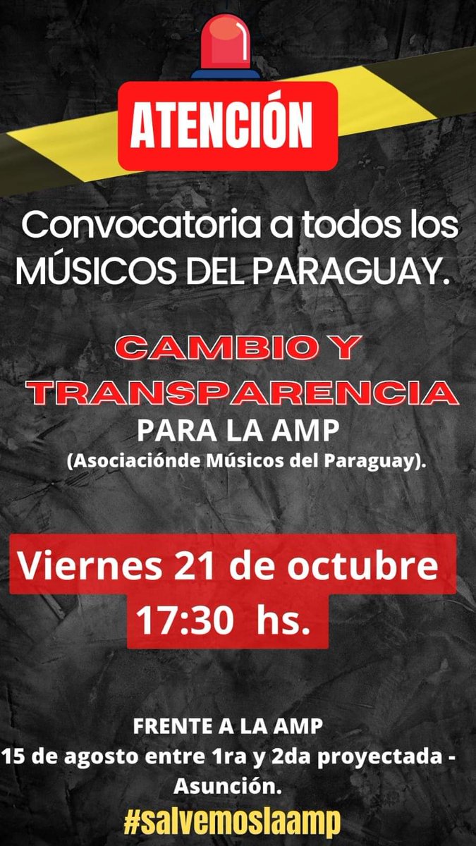 Mi solidaridad y apoyo a los verdaderos trabajadores de la música que han logrado parar el remate de la AMP. 
Los usurpadores que usan la institución para fines políticos partidarios deben desalojar la casa de los verdaderos músicos. 
<a href="/ABCDigital/">ABC Digital</a> <a href="/UltimaHoracom/">Última Hora</a> <a href="/nanduti/">Radio Ñandutí</a> <a href="/AM_1080/">Monumental AM 1080</a>
