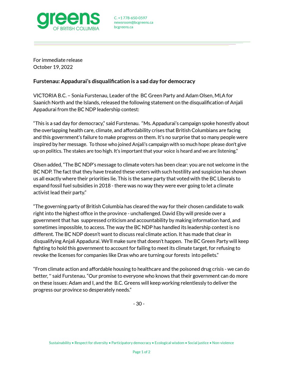 An official statement from @SoniaFurstenau on the NDP Leadership race. #bcpoli