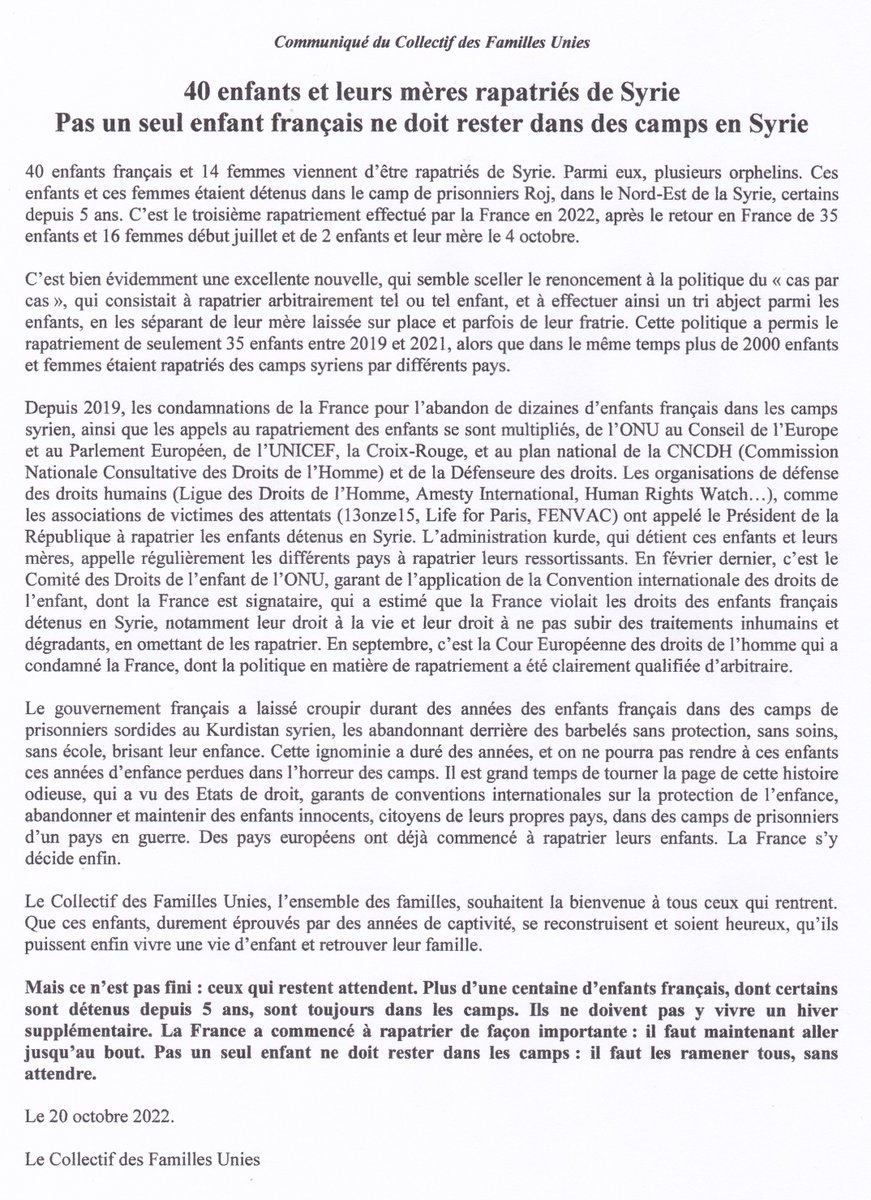 FamillesDes's tweet photo. 40 enfants & leurs mères ont été rapatriés du camp de prisonniers #Roj, dans le Nord-Est de la Syrie, où ils étaient détenus
Excellente nouvelle! Maintenant il faut les rapatrier TOUS. Pas un seul enfant ne doit rester dans les camps.
Communiqué du Collectif des Familles Unies⤵️ https://t.co/hB200b6ao1