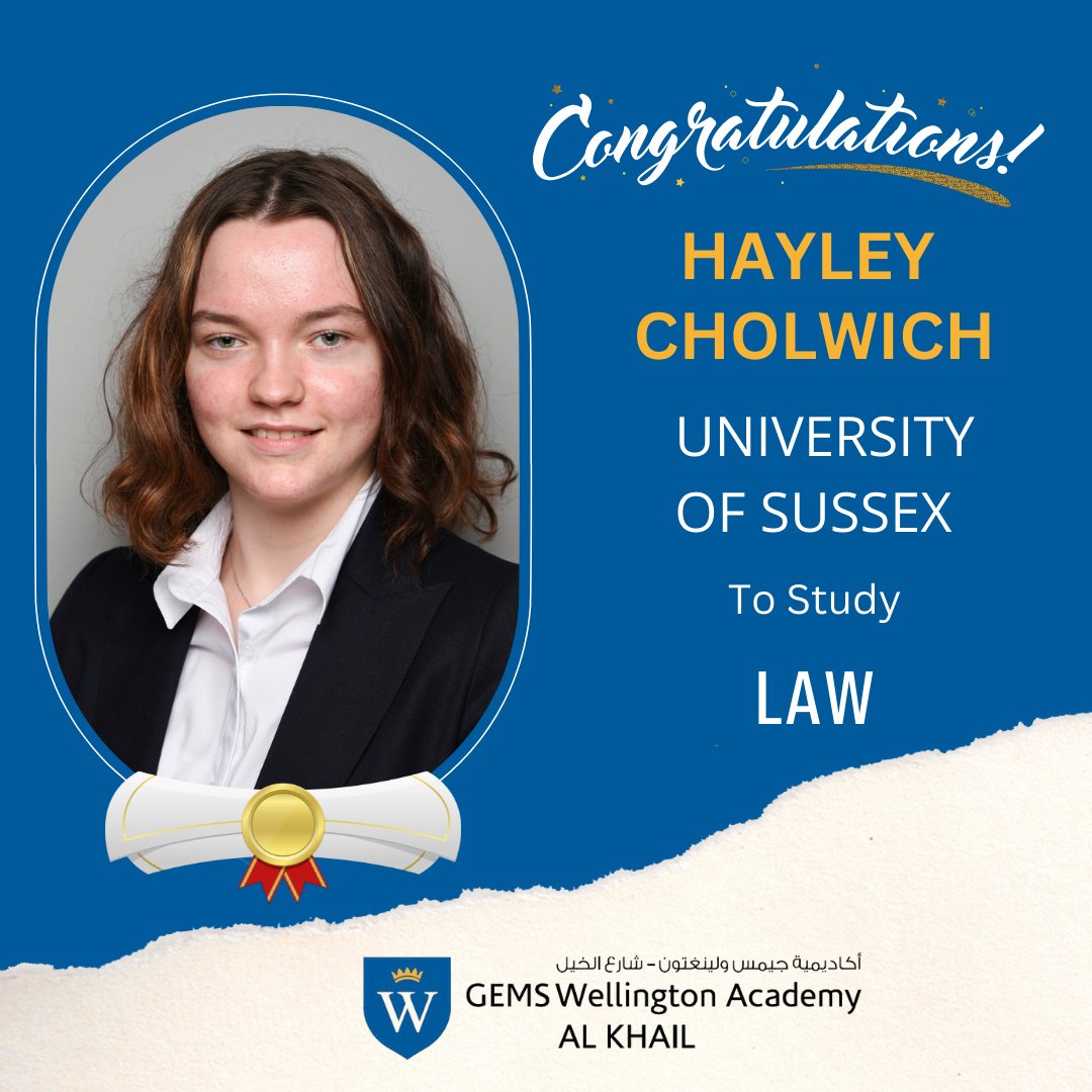 gems_khail's tweet photo. We have received our first university offer! Congratulations to Hayley Cholwich for her acceptance to the University of Sussex. We are so proud of you Hayley!

#weksuccess #WEKSixth #universityoffer #limitlesspossibilities @GEMS_ME https://t.co/ZhGRPoIabz