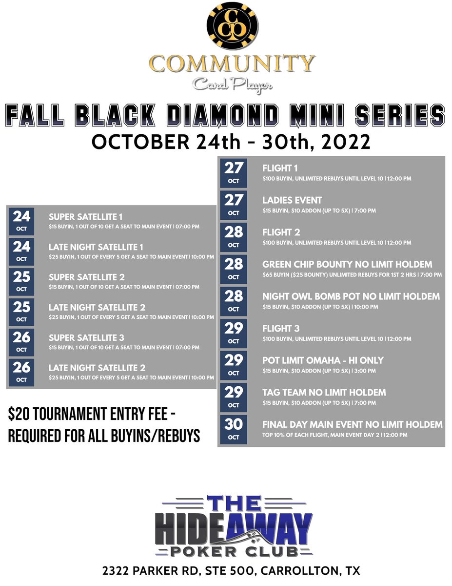 CCardPlayer's tweet photo. #BlackDiamond #MiniSeries #Fall #Hideaway 
#PokerNights
#Poker #PokerLife #DallasPoker #DFWPoker #TexasPoker♦️♠️❤️♣️ https://t.co/tWhURtGW5j
