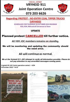 TrafficSA's tweet photo. KZN - R34 / R66 Route (Update): Community Action over high volume of #SideTipper trucks through Vryheid / Melmoth has been cancelled https://t.co/9me3dWYAYQ