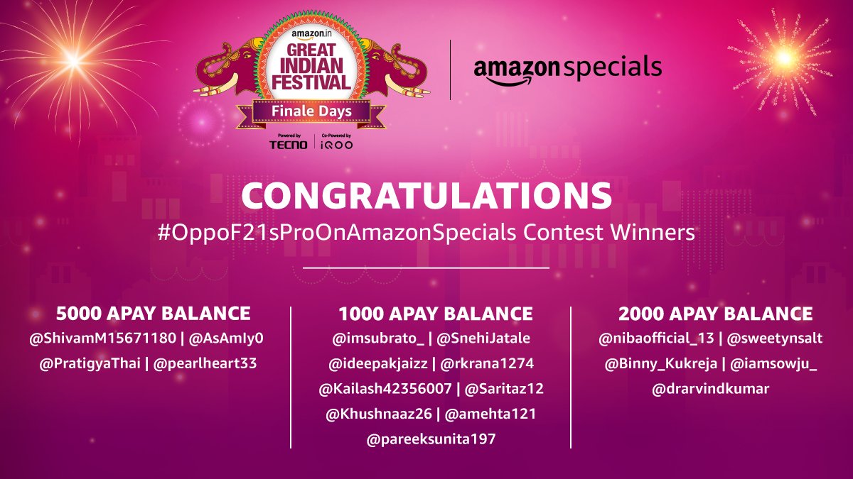 Congratulations to the winner of #OppoF21sProOnAmazonSpecials contest.
Kindly DM us with your details to claim the prize.