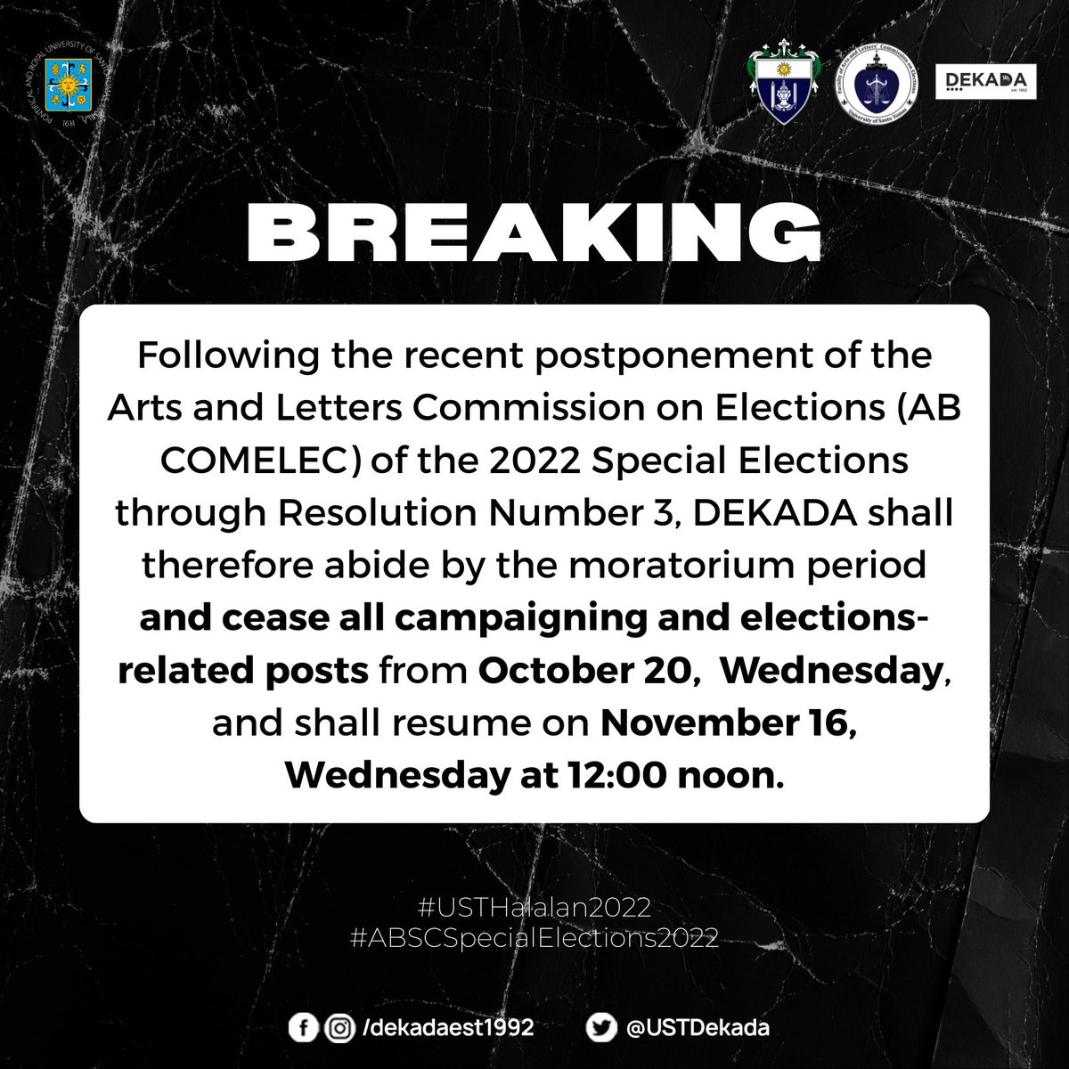 USTDekada's tweet photo. RE: Postponement of the 2022 ABSC Special Elections

At 12:11 PM today, October 20, the Faculty of Arts and Letters Commission on Elections (AB COMELEC), through Resolution No. 3 s. 2022-2023, duly postponed all activities regarding the 2022 Special Elections. https://t.co/4aKCqHkOgn