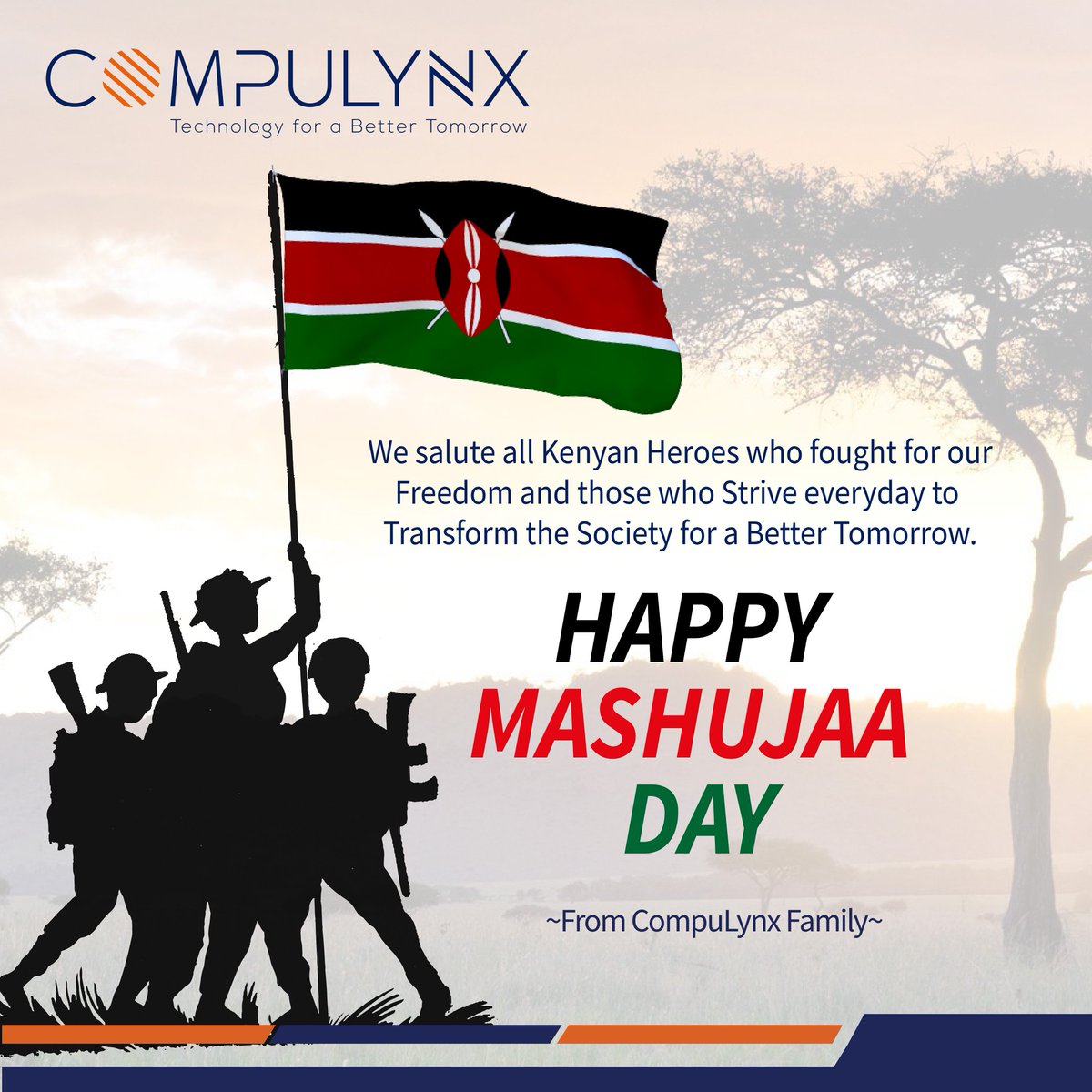 CompulynxLtd's tweet photo. We salute all Kenyan Heroes who fought for our Freedom and those who Strive every day to Transform Society for a Better Tomorrow.
#HappyMashujaaDay
#celebratingourheroes
#compulynxfamily https://t.co/qXgb36gLOI