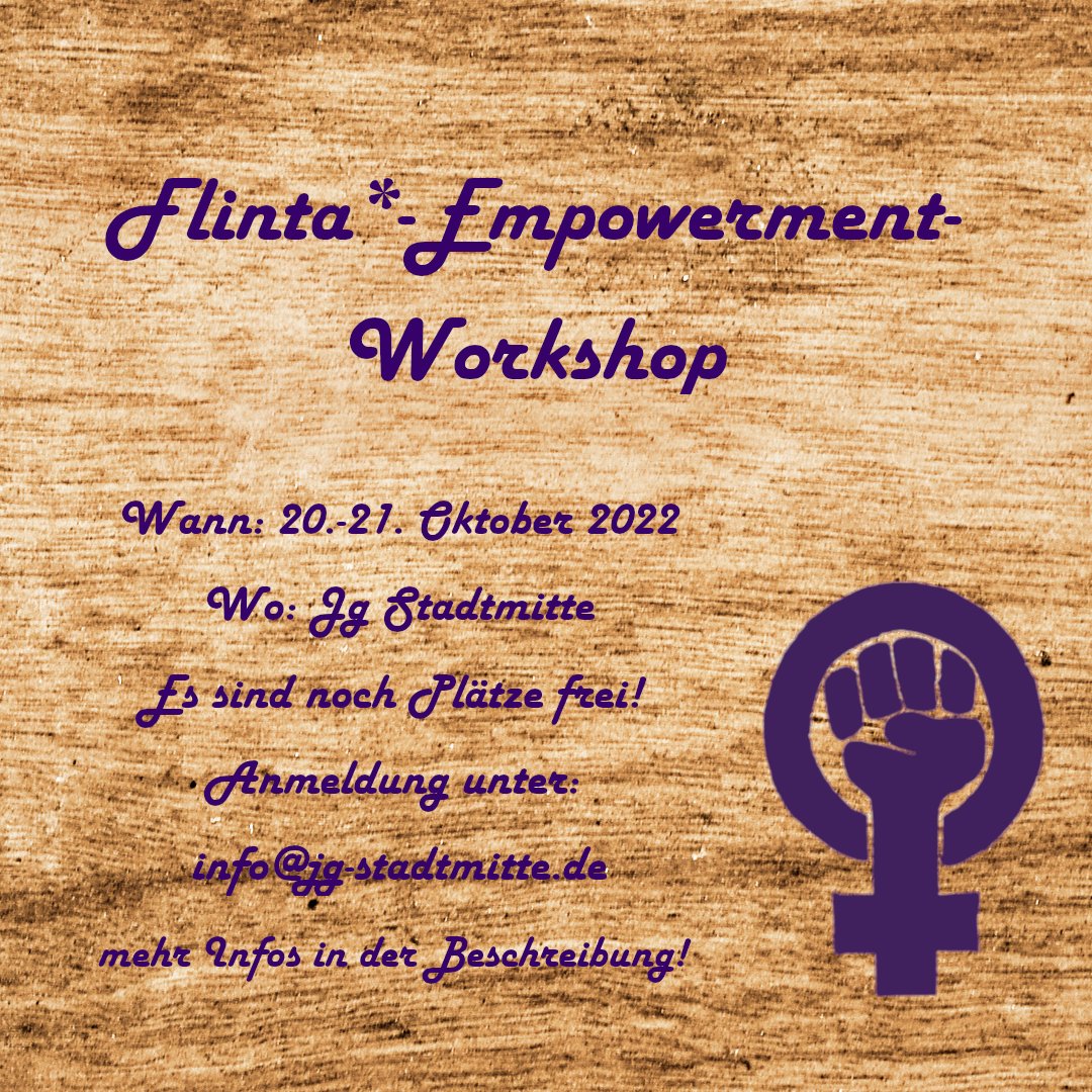 Kurzfristig haben wir noch ein paar Plätze - heute und morgen von 10-16 Uhr in der JG beim FLINTA*-Empowerment-Workshop.
Dieser Workshop richtet sich an FLINTA*-Personen, die (noch) selbstsicherer und selbstbewusster durch ihr Leben gehen wollen! (1/4)