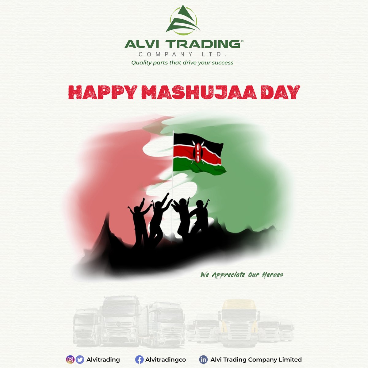 AlviTrading's tweet photo. Chains were undone
Locks were shattered
With sacrificed made
We gained our freedom

Let us unite to celebrate this day as one blood, one family, one nation.

#MashujaaDay 

#AlviCares
#OneFamily #OneNation #OneBlood https://t.co/UrvVVS1op8