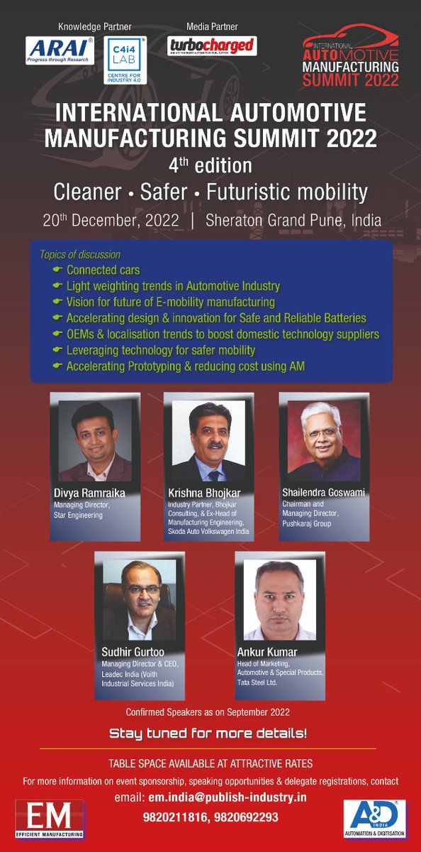 EM_MagIndia's tweet photo. We are back with our flagship event,
International Automotive Manufacturing Summit, 2022
The 4th edition is themed - Cleaner, Safer, and Futuristic Mobility
To book your seat, register now!
https://t.co/CoOT6ROMHZ
#automotive #physicalevent #flagshipevent #autocomponents https://t.co/RvoQoG7fqR