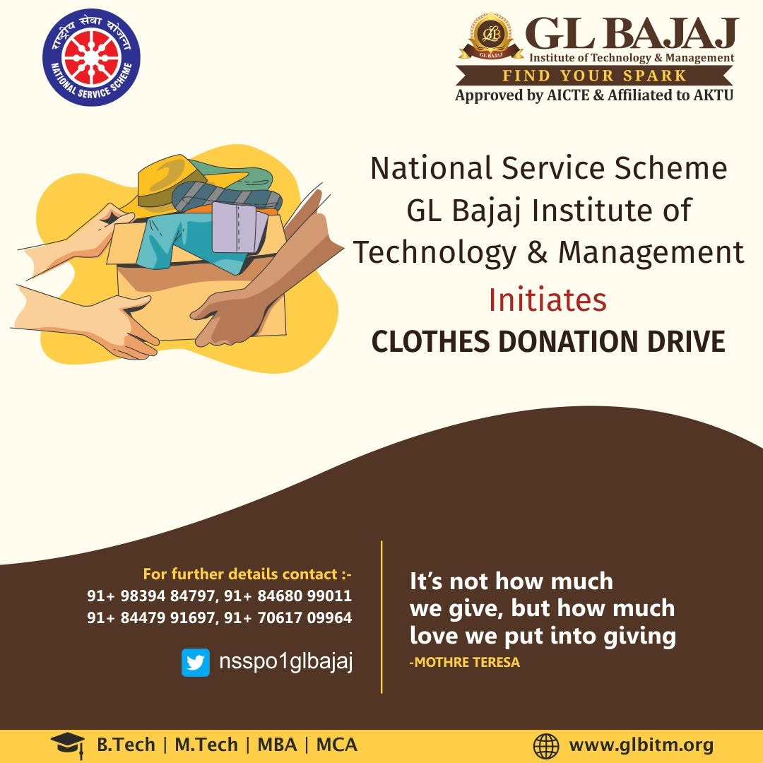 NSSPO1glbajaj1's tweet photo. Cloth Donation: A noble work to feel great and self-satisfied.
@NSSPO1glbajaj1 is organizing a "Cloth Donation Drive' from 20 October.2022. It is an initiative to donate it to the underprivileged section of society.   #ClothDonationDrive https://t.co/abmBJ95oZT