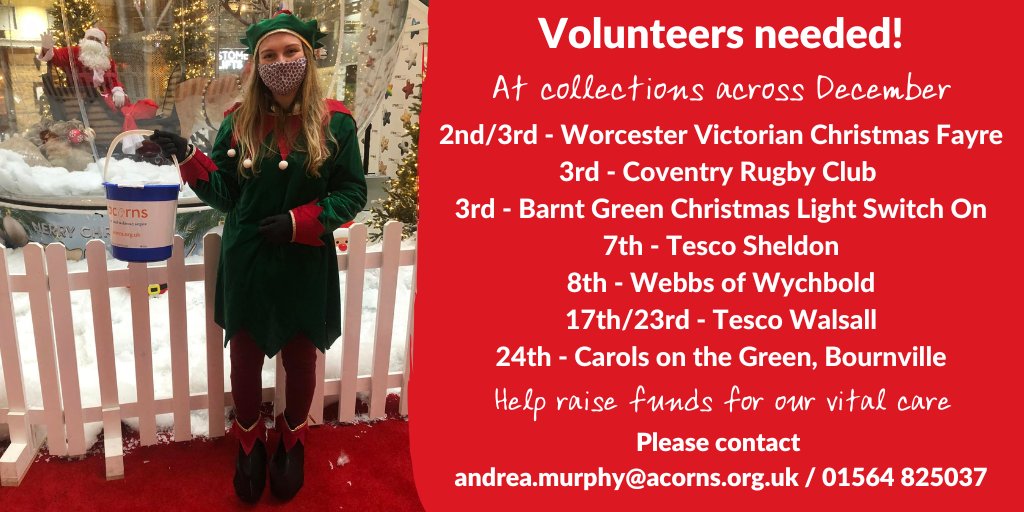 Christmas is fast approaching and Acorns Children's Hospice need YOU!

If you want to give back this year, why not volunteer your time at one of our December bucket collections?🎄

If you can spare a few hours, please do get in touch with us🧡
