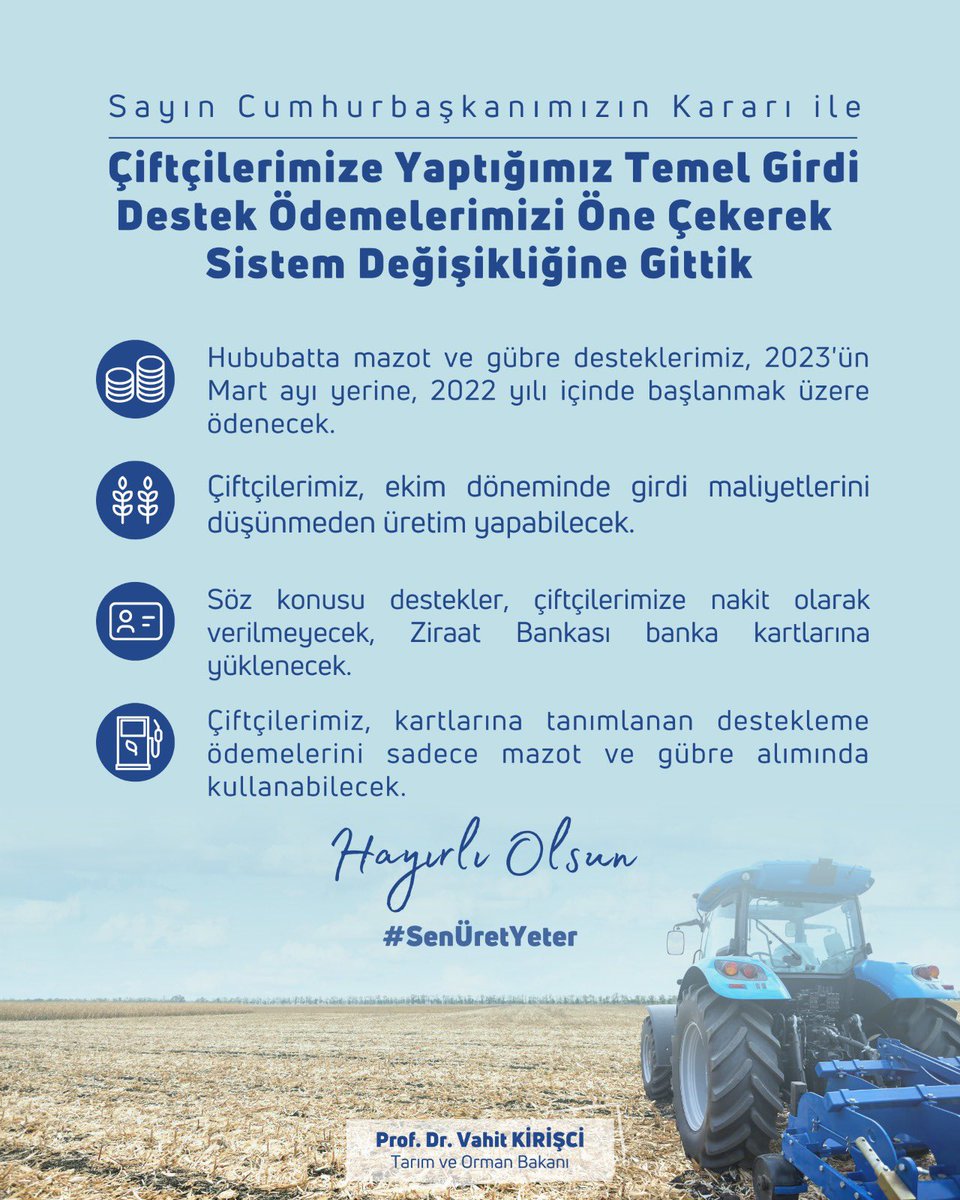 Daima çiftçimizin yanında olan Sayın Cumhurbaşkanımıza şükranlarımı arz ediyorum.

Desteklemelerdeki sistem değişikliği ve 2022-2023 üretim dönemi tarımsal desteklemelerimiz, akıl ve alın teri döken çiftçilerimiz için hayırlara vesile olsun inşallah.

#SenÜretYeter