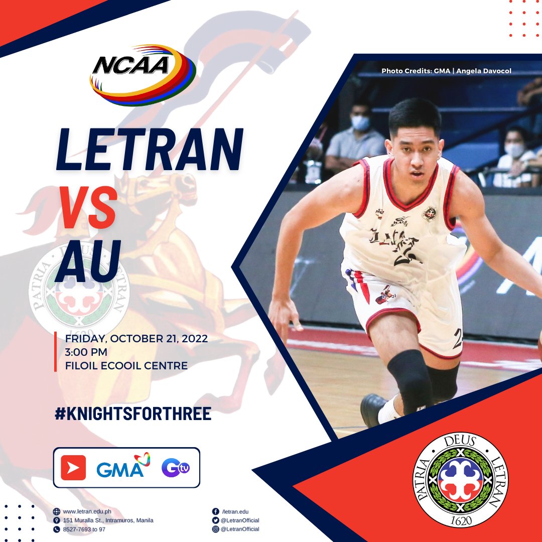 LetranOfficial's tweet photo. Itβs another game tomorrow for #NCAASeason98!
Our foes this time are the Arellano University Chiefs!
Join us tomorrow, October 21, 2022, at the FilOil EcoOil Centre, at 3:00 PM!
#KnightsForThree
#LetranForThree https://t.co/ojZpfPej9T