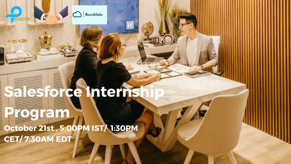 Pletratech1's tweet image. PletraTech proud to collaborate with theCodeLabs to launch an internship program for energetic and talented candidates (2020 pass out onwards Candidates) in partnership with theCodeLabs.

Register here to attend this session bit.ly/3dPk8Vw

#pletra #sfdctraining