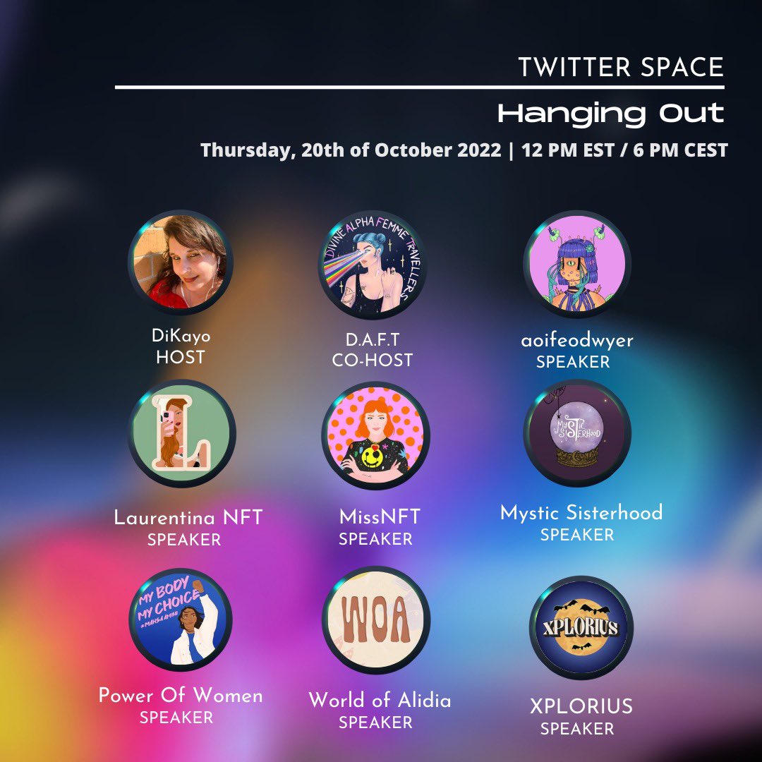 Power Of Women (@powerofwomenart) on Twitter photo Really looking forward to this space of Web3 POWERHOUSES later - with <a href="/DivineAlphaNFT/">DAFT NFT | Divine Alpha Femme Travellers</a>, <a href="/dikayodata/">DiKayo Data</a>, <a href="/LaurentinaNFT/">Laurentina.NFT | Minting Now</a>, <a href="/MysticSisNFT/">Mystic Sisterhood | NOW MINTING</a>, @Missnft91, <a href="/XPLORIUSxyz/">XPLORIUS | WEB2.5 TRAVEL</a>, <a href="/aoifeodwyer/">Aoife O’Dwyer</a> & <a href="/WorldofAlidia/">World of Alidia</a>! 🚀⚡️🚀⚡️🚀
Set those reminders now! ⏰
x.com/i/spaces/1yNxa… Really looking forward to this space of Web3 POWERHOUSES later - with <a href="/DivineAlphaNFT/">DAFT NFT | Divine Alpha Femme Travellers</a>, <a href="/dikayodata/">DiKayo Data</a>, <a href="/LaurentinaNFT/">Laurentina.NFT | Minting Now</a>, <a href="/MysticSisNFT/">Mystic Sisterhood | NOW MINTING</a>, @Missnft91, <a href="/XPLORIUSxyz/">XPLORIUS | WEB2.5 TRAVEL</a>, <a href="/aoifeodwyer/">Aoife O’Dwyer</a> & <a href="/WorldofAlidia/">World of Alidia</a>! 🚀⚡️🚀⚡️🚀
Set those reminders now! ⏰
x.com/i/spaces/1yNxa…