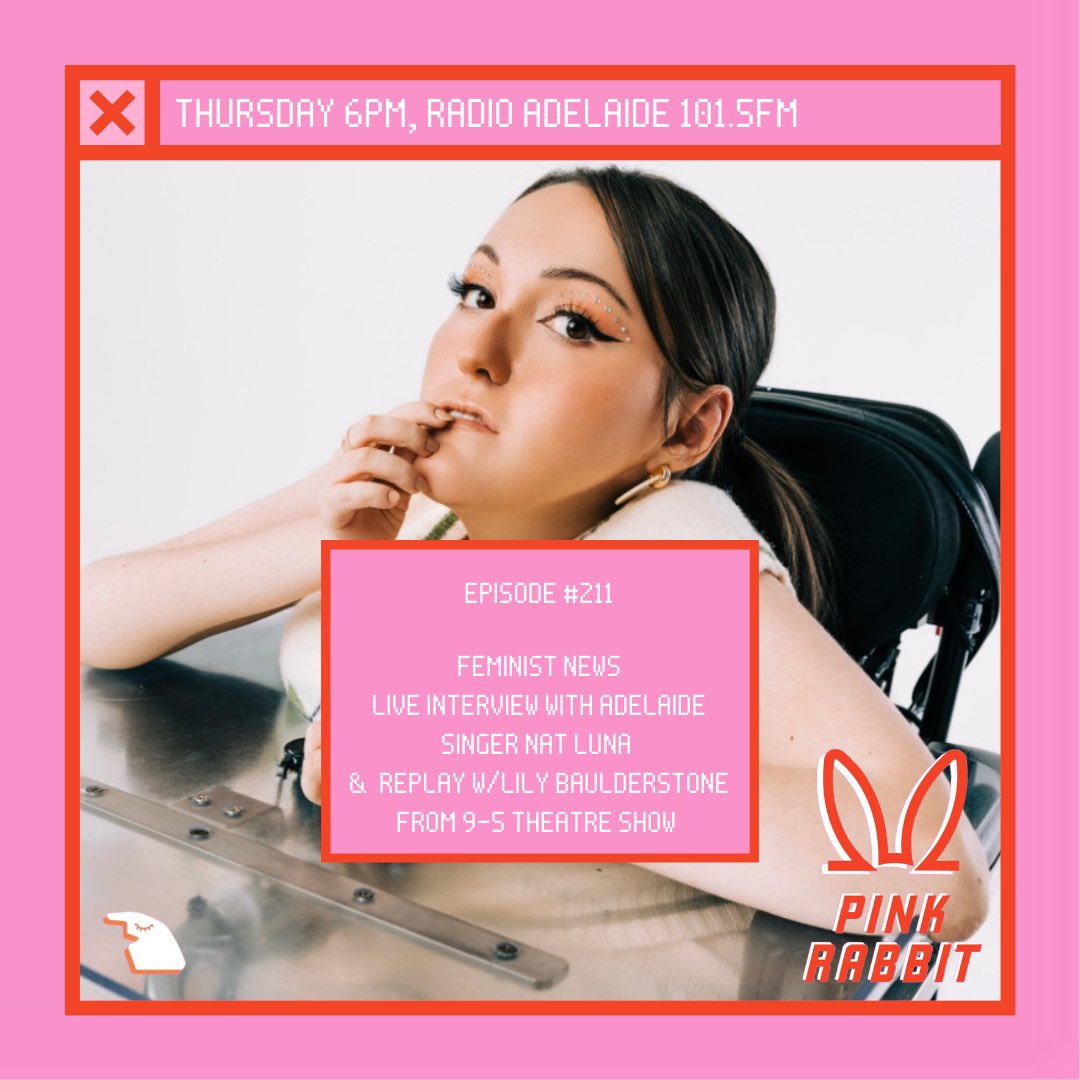 pinkrabbitradio's tweet photo. 🐰TONIGHT💖

🎙️LIVE interview with Adelaide singer, Nat Luna 
🎭Interview replay with Lily Baulderstone from the ‘9 to 5’ theatre show 
🗞Feminist News   

6-7PM 101.5FM &amp; ONLINE 
@radioadelaide https://t.co/BXuHGh8PkV