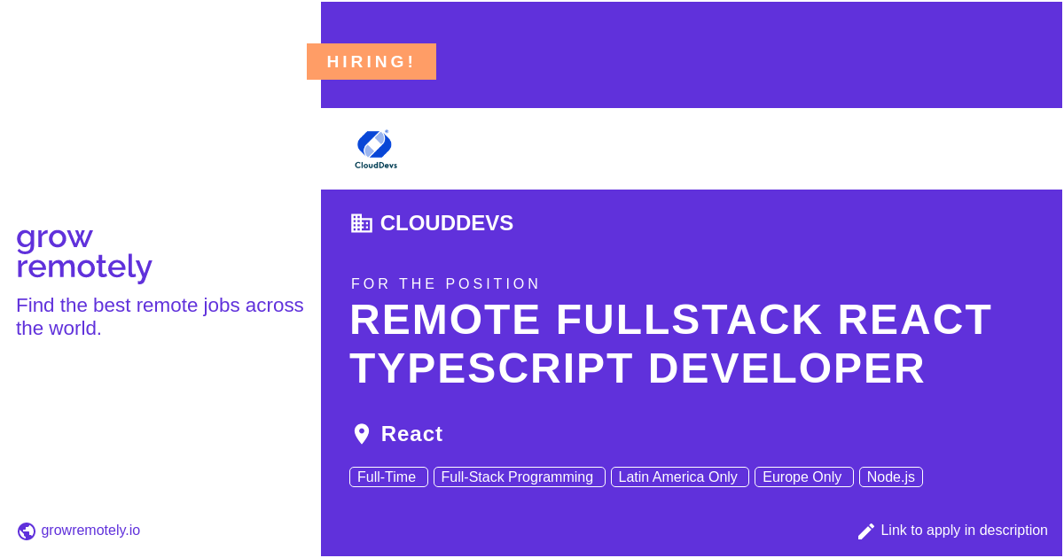 growremotelyio's tweet image. Check out this job at CloudDevs for the position Remote Fullstack React Typescript Developer.
Apply link: growremotely.io/?id=635090ceda…
#hiring #remotejobs #CloudDevs #Programming