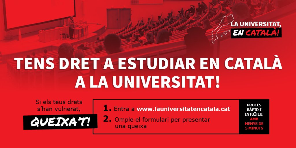 llenguacat's tweet photo. ❗ El pla docent no deixa prou clares qüestions relatives a la llengua de les assignatures? Queixa't!

🎓 Registra una queixa a https://t.co/pbLTGKfbea. La web t'orientarà sobre l'òrgan de la facultat que ha de resoldre els dubtes que tinguis.

#LaUniversitatEnCatalà https://t.co/mC7lUpzIBp