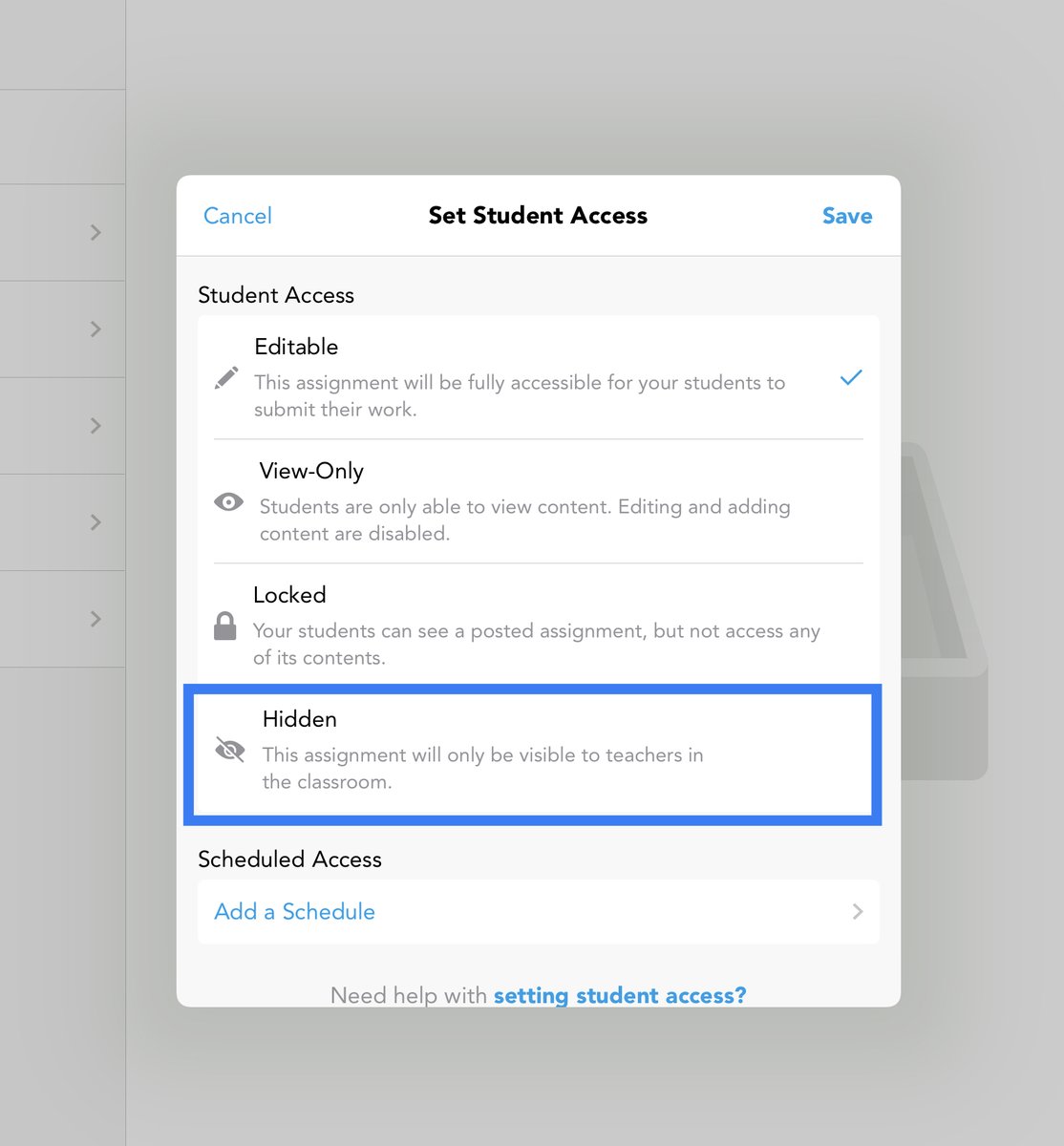 Did you know? 🤔 That you can now hide assignments from student view in Showbie? This 🆕 feature is located in the assignment seetings menu and should enable you to keep students focussed and organised in class!