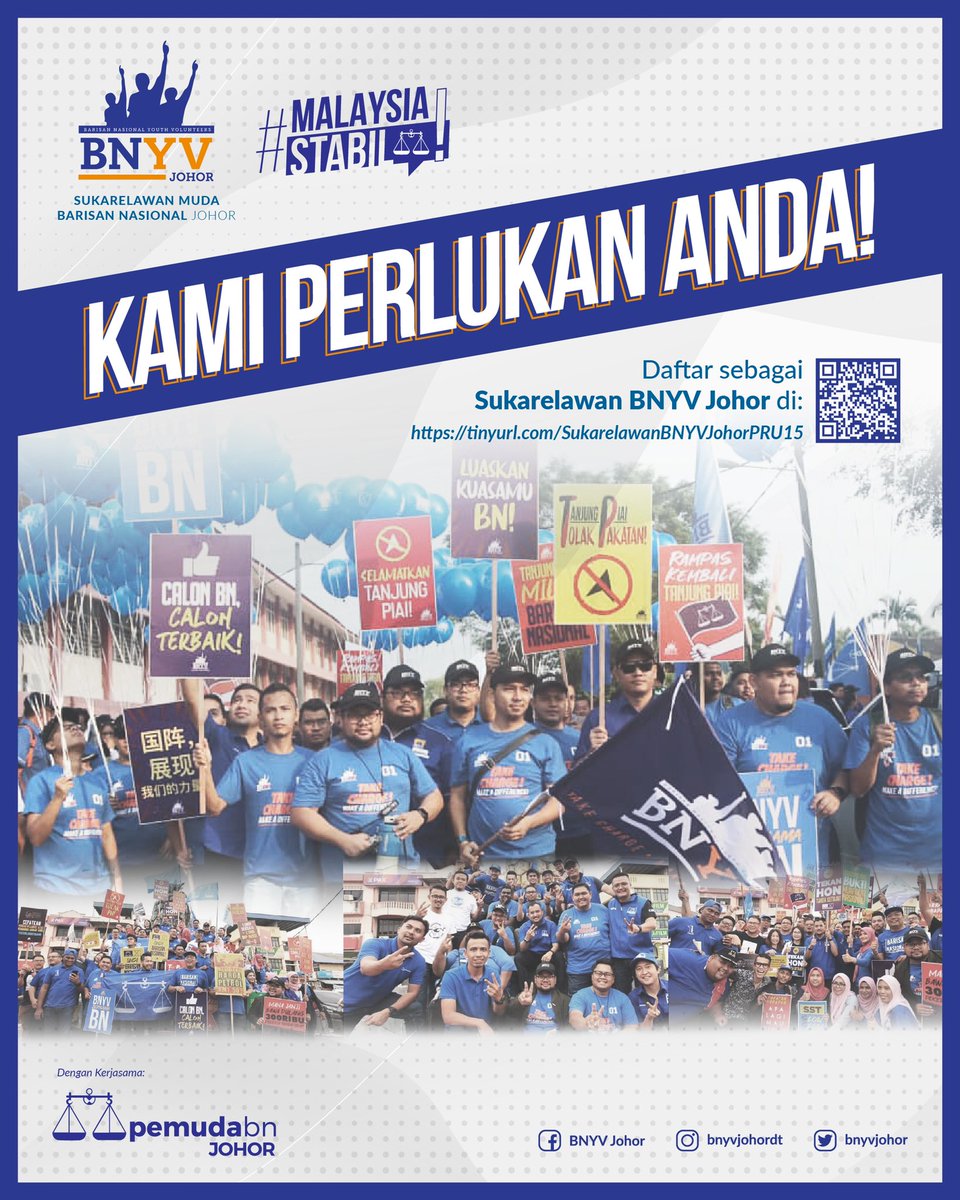 BNYVJOHOR's tweet photo. PENCARIAN SUKARELAWAN MUDA BARISAN NASIONAL (BNYV) JOHOR PRU15

Aktifkan diri anda sebagai sukarelawan BNYV Johor di https://t.co/HclHkgreM2. 

AYUH ANAK MUDA JOHOR!

"TAKE CHARGE, MAKE A DIFFERENCE!"

#BNYV #MalaysiaStabil 🇲🇾⚖️ https://t.co/OmZ2xU5tzq