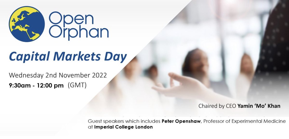 Open Orphan (@openorphan) on Twitter photo We're holding a Capital Markets Day on 2 Nov 2022.
🧑Chaired by our #CEO
🔬 Insights into the business
📈 Human challenge trials & the growing market
🗣️ Guest speakers, including <a href="/p_openshaw/">Peter Openshaw</a>
❓ Q&A with #ORPH management
londonstockexchange.com/news-article/O…
#HVO We're holding a Capital Markets Day on 2 Nov 2022.
🧑Chaired by our #CEO
🔬 Insights into the business
📈 Human challenge trials & the growing market
🗣️ Guest speakers, including <a href="/p_openshaw/">Peter Openshaw</a>
❓ Q&A with #ORPH management
londonstockexchange.com/news-article/O…
#HVO