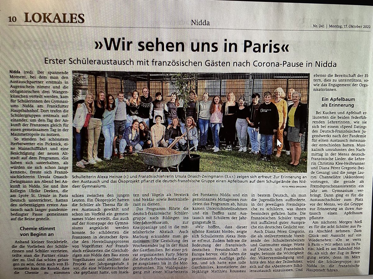 La presse allemande relaie la plantation faite avec les correspondants 🌸😊 lors du séjour à Nidda. Belle aventure humaine et linguistique 👍