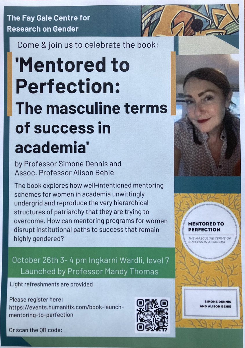 Fay Gale Centre (@fgcresgender) on Twitter photo Join the Fay Gale Centre for Research on Gender <a href="/UniofAdelaide/">Uni of Adelaide</a> Oct 26th 3-4 pm to launch this important new book ‘Mentored to Perfection: The masculine terms of success in academia’ by Prof Simone Dennis & A/Prof Alison Behie. Launched by Prof Mandy Thomas. Join the Fay Gale Centre for Research on Gender <a href="/UniofAdelaide/">Uni of Adelaide</a> Oct 26th 3-4 pm to launch this important new book ‘Mentored to Perfection: The masculine terms of success in academia’ by Prof Simone Dennis & A/Prof Alison Behie. Launched by Prof Mandy Thomas.