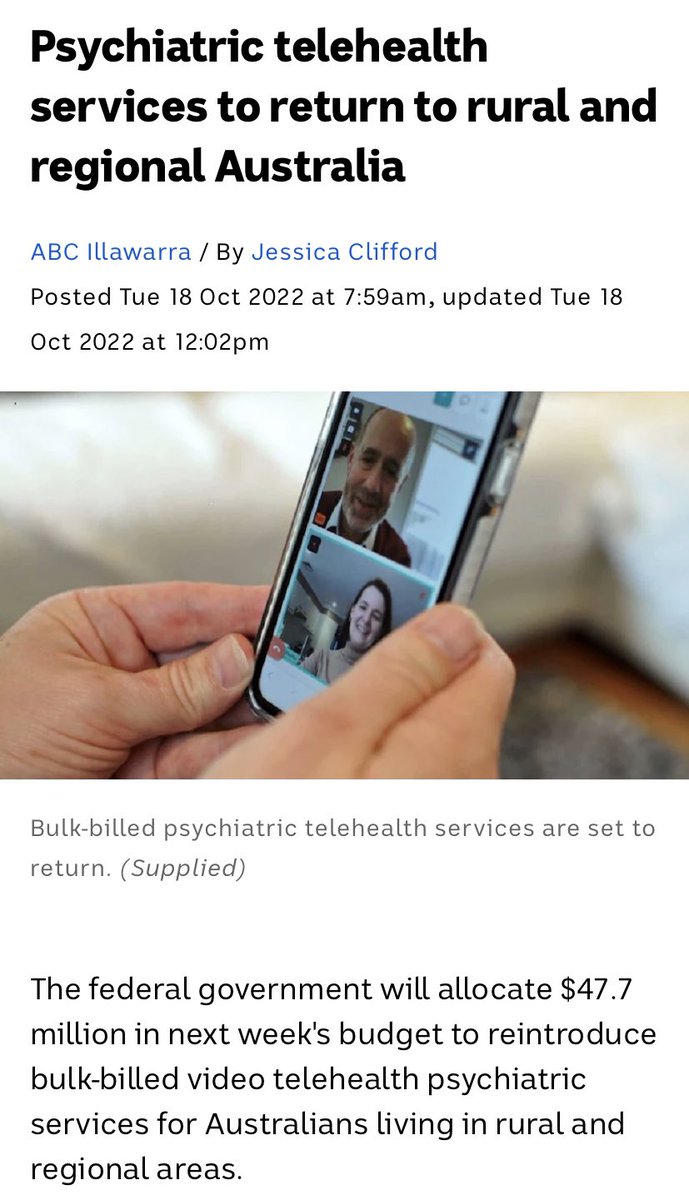 rbrycestark's tweet photo. Exciting news from our federal government that Telehealth psychiatric services for rural and regional Australia will receive additional funding in next week’s budget. With the recent natural disasters and COVID-19, this is a very important decision!   #HSBH2009 https://t.co/0yzMMeFO1P