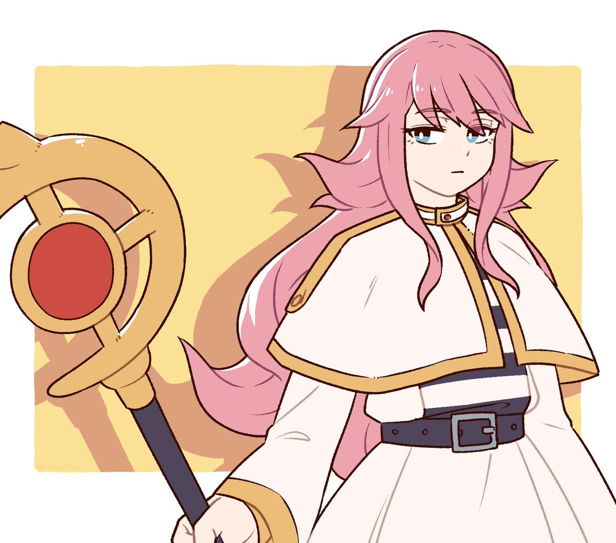 1girl pink hair staff long hair solo blue eyes holding staff  illustration images