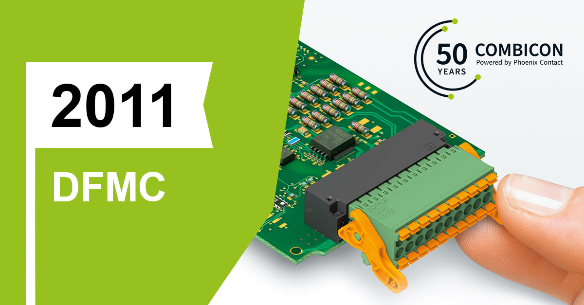 50 vuotta #COMBICON virstanpylväitä - innovatiivista tarkkuutta vuonna 2011: DMC 1,5- ja DMCV 1,5 -sarjat julkaistaan ensimmäisinä kaksirivisinä THR-liitinkantoina markkinoilla. Liittimet valmistetaan tarkkuusmuovivaluprosessissa. 
👉phoe.co/combicon50year…
#combicon50years