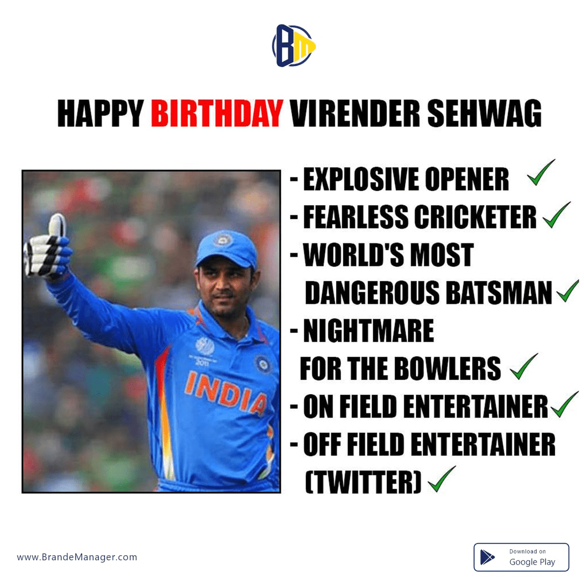 brandemanager's tweet photo. Wish you a very Happy Birthday to the man who used to start innings with boundary #VirenderSehwag, Stay Healthy. Download app now https://t.co/ZiIANFMuu7 @brandemanager
#happybirthdaysehwag #happybirthdayviru #HBDvirendersehwag #virendersehwag #sehwag #viru #brandemanager #brand https://t.co/m8itIR65rP