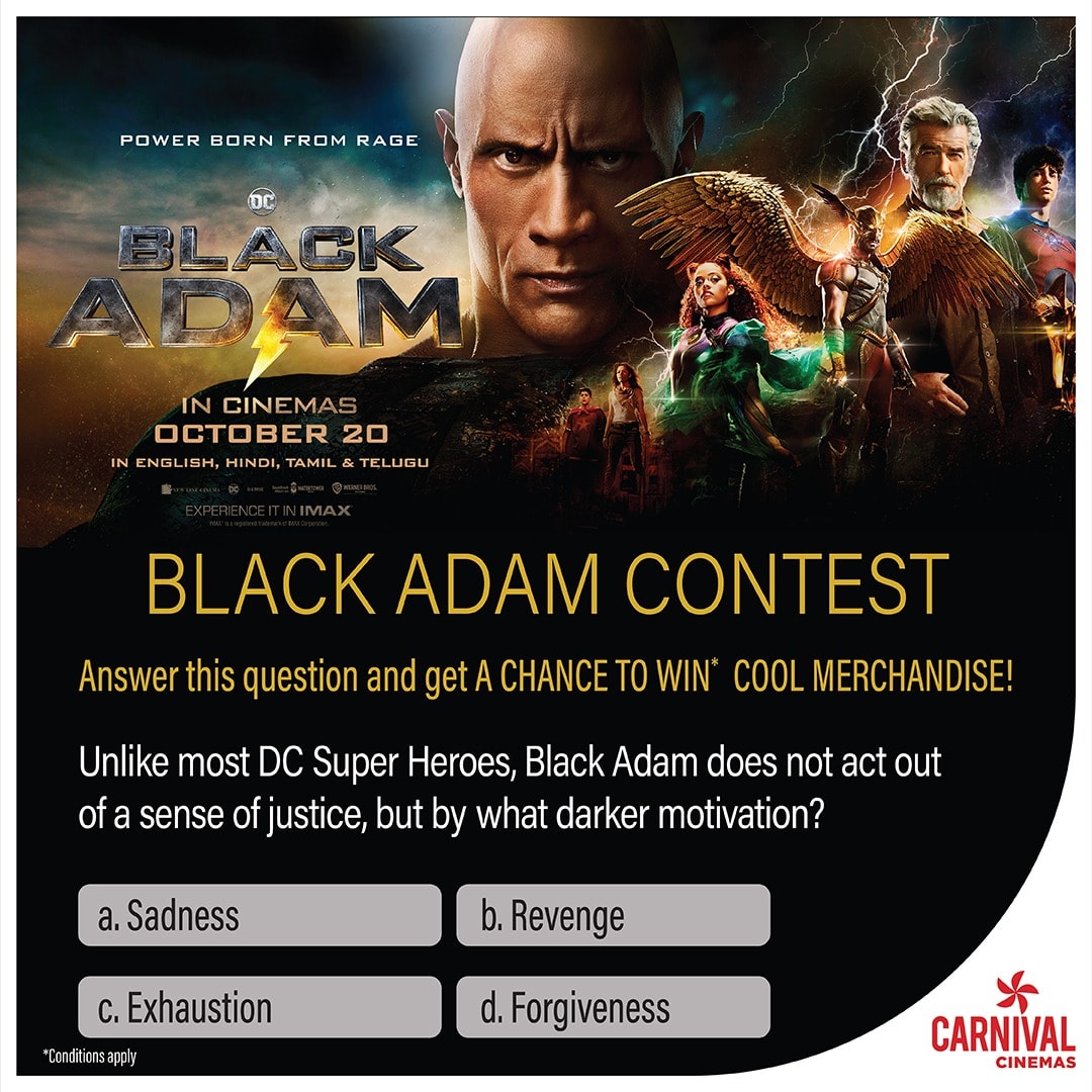 CarnivalCin's tweet photo. Here is your last chance !!!

Participate in the Contest and stand a chance to win* exclusive Black Adam Merchandise!

*Conditions apply

#BlackAdam #TheTimeOfHeroesIsOver #ContestAlert #WarnerBrosIndia #BlackAdamContestIndia #Carnival #CarnivalCinemas #ComeCelebrate https://t.co/Rs6fLDDVar