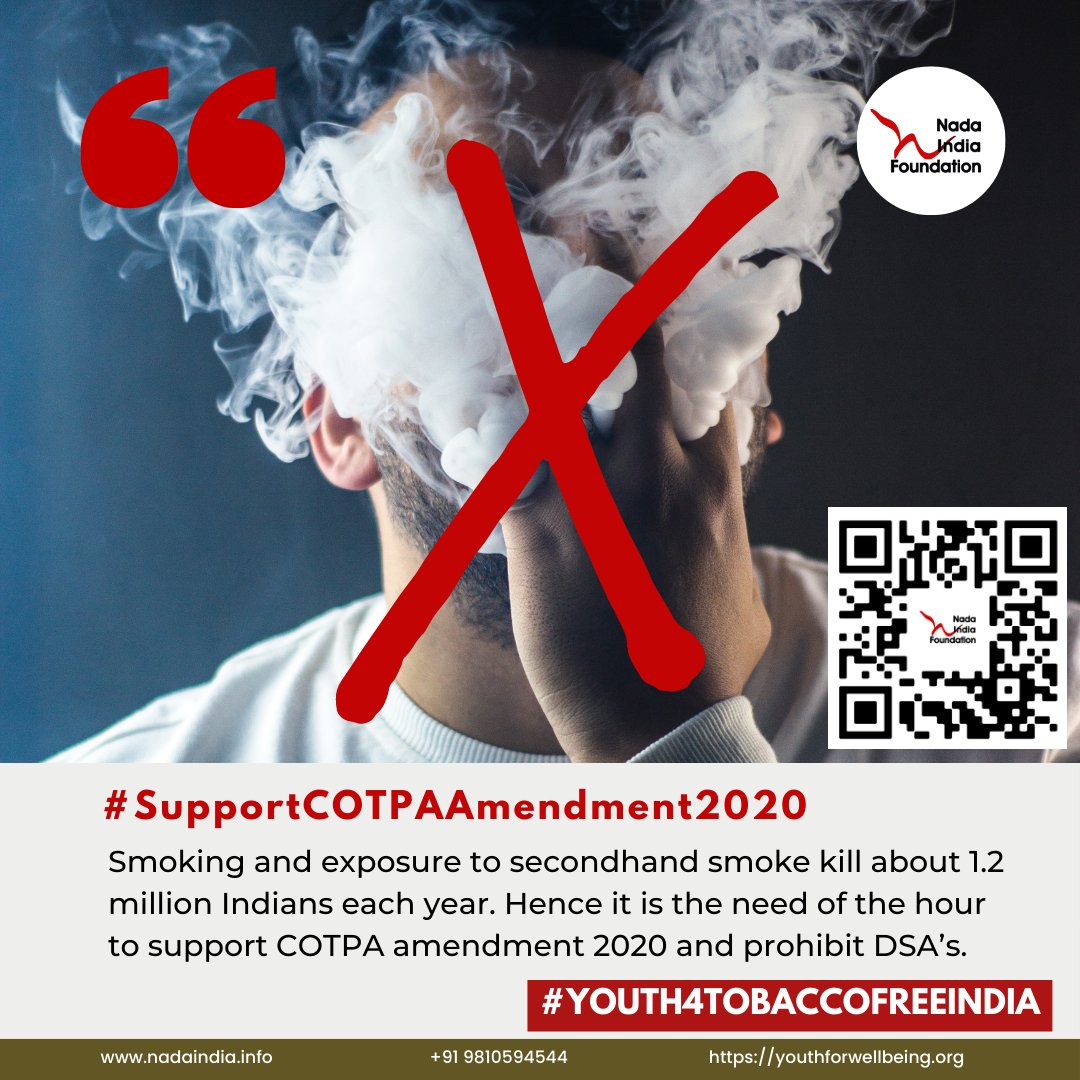 NadaPehchaan's tweet photo. #Tobaccokills more than 8 million people every year &amp; is highly addictive. Major risk factor for #cancer #heart and #lungdiseases #SupportCOTPAAmendment2020 to protect the youth of India from exposure to smoke in enclosed spaces #BanDSA #Tobaccofreeindia
#Youth4TobaccofreeIndia https://t.co/wv1j7LAxT5